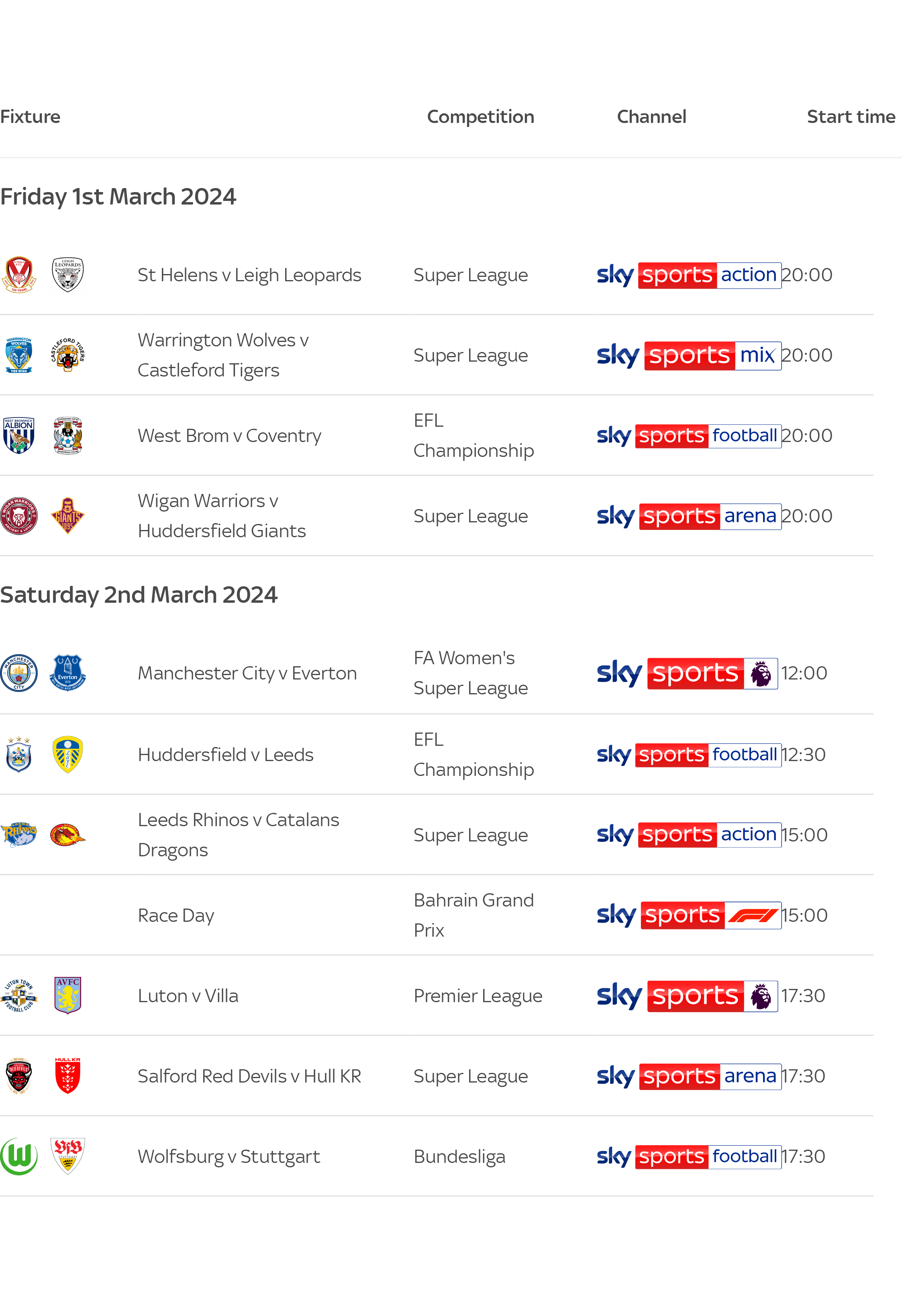 March Sky Sports fixtures