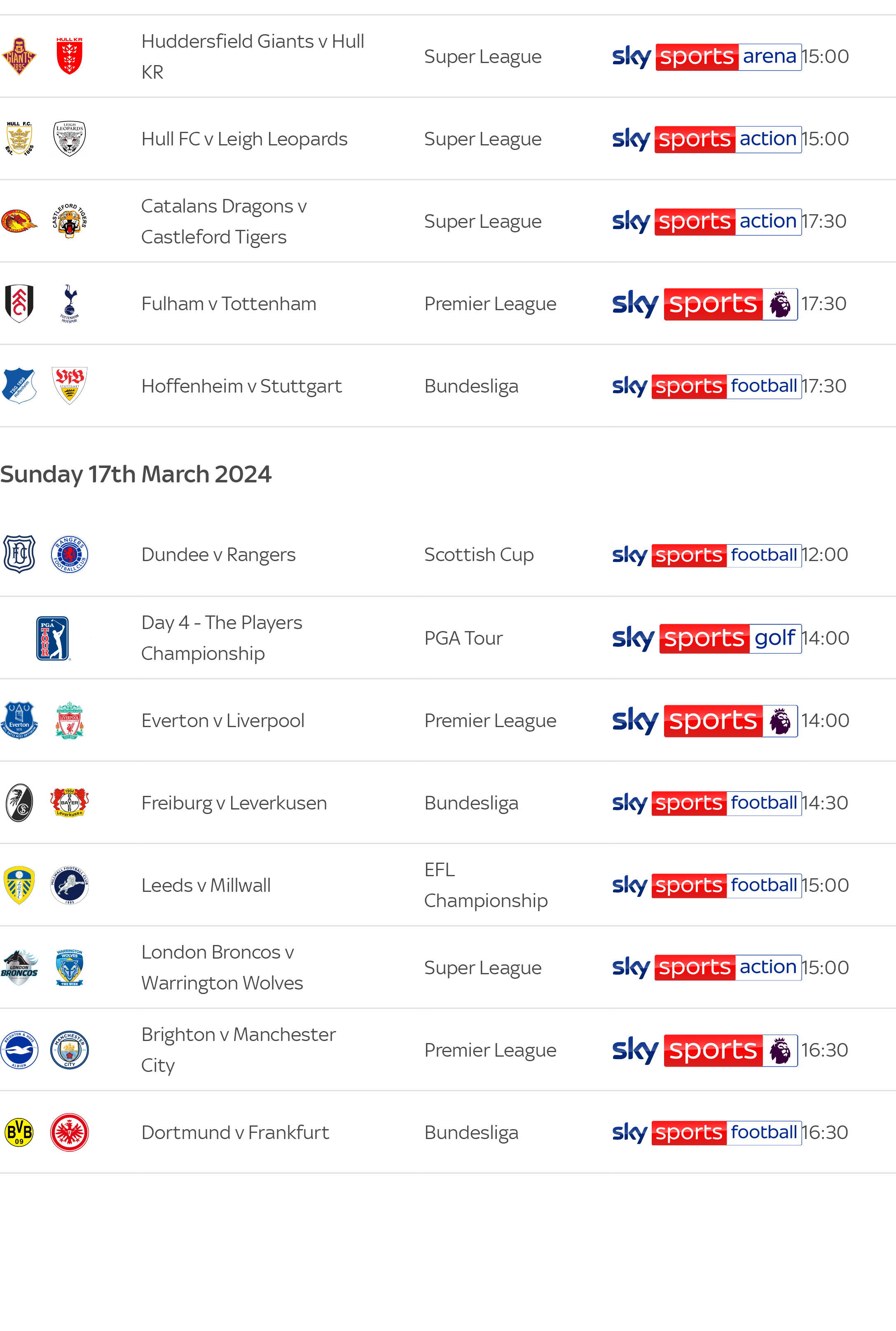 March Sky Sports fixtures